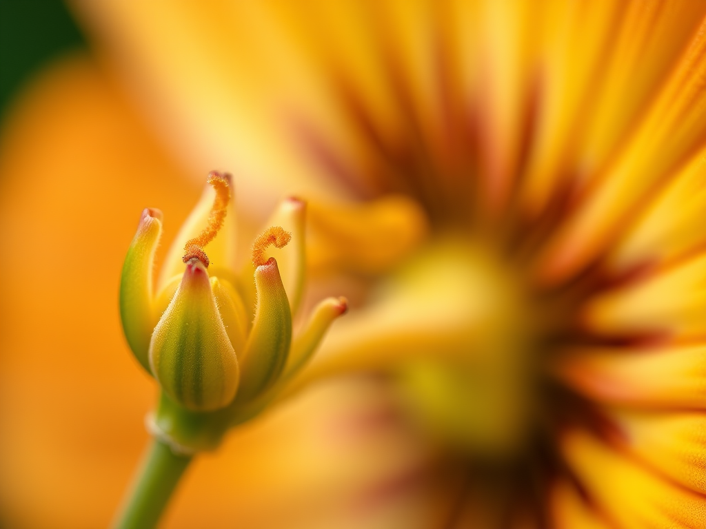 Create a highly detailed and colorful illustration of a flower with a bud on a stem, using a macro lens with a shallow depth of field, natural lighting, and a DSLR camera to capture fine textures and vibrant colors.