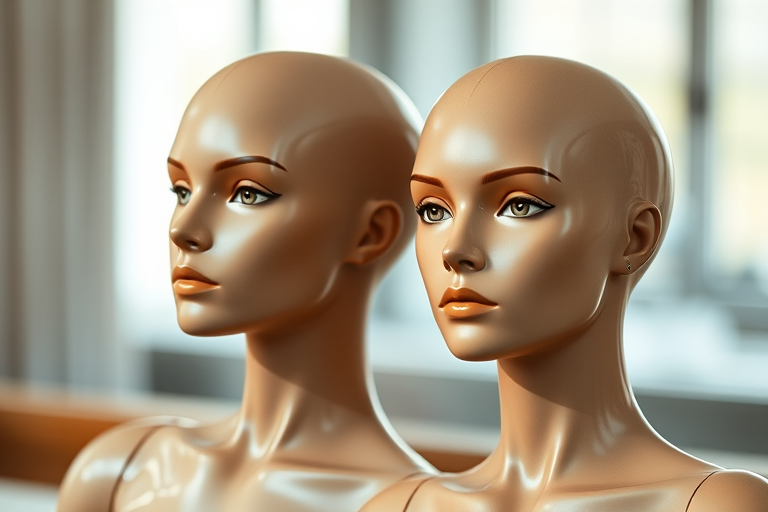 Generate an image of two mannequins sitting side by side, with realistic skin textures and detailed facial features, captured in soft natural light, using a 50mm lens at f/2.8 for shallow depth of field, at a slightly upward angle to enhance the focus on the mannequins, in a shallow depth of field style to blur the background.