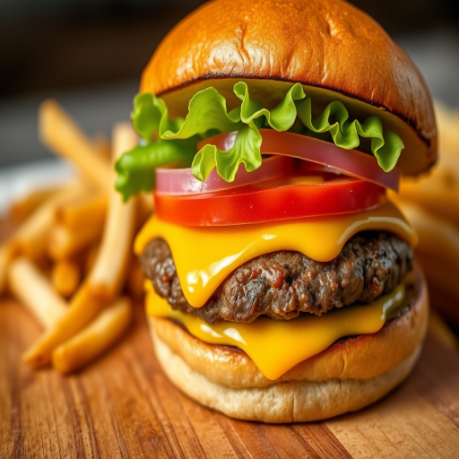 Create a realistic close-up image of a cheeseburger with fresh lettuce, tomato, onions, and melted cheese on a wooden surface, using a DSLR camera with a 50mm lens, aperture set to f/2.8, ISO 100, and natural lighting to enhance texture and color vibrancy.