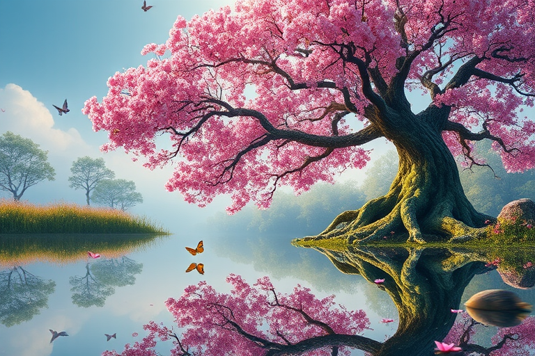 Create a vibrant fantasy landscape featuring a large, blooming tree with pink flowers and twisting roots, surrounded by a serene reflection in a still lake with butterflies and flowers, captured with a Canon EOS R5, 50mm lens, f/1.8 aperture, ISO 100, in soft morning light.