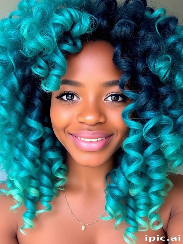 Vibrant teal and turquoise ombre hair in a voluminous curly afro style known as "Ocean's Crown" features springy coils that seem to defy gravity, with subtle hints of sea foam green and deep navy blue highlights interspersed throughout the lush, bouncy curls, creating a dynamic and eye-catching look reminiscent of crashing waves and tropical waters