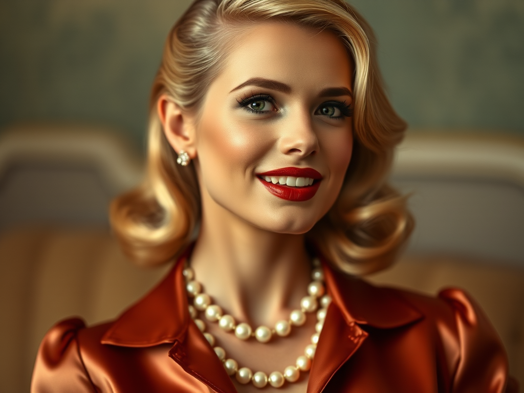 A beautiful Mizrahi woman reminiscent of 1950s Hollywood glamour, with perfectly styled blonde hair and a seductive smile, dressed in a satin blouse and adorned with pearls, soft and warm tones, photorealistic, 8K