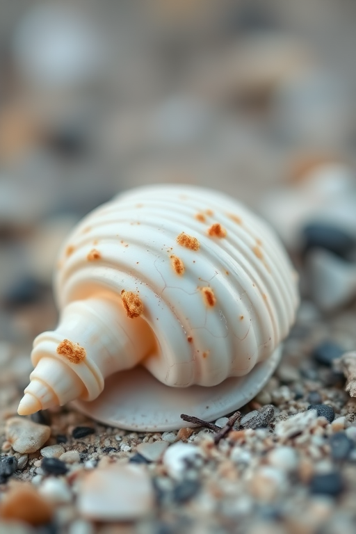 create a highly detailed image of a sea shell with smooth textures and natural colors, using a Canon EOS R5 camera, 50mm lens at f/2.8, ISO 100, in natural light with a shallow depth of field to emphasize the shell against a soft blurred background.