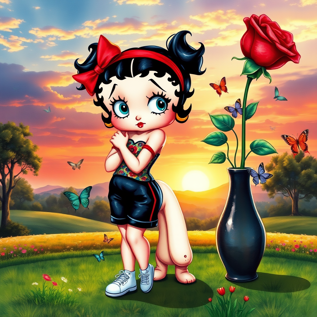 Luxury 3D HD realistic watercolor oil painting. Betty Boop with black hair in two messy buns. Red headband with big bow. He wears black shorts with a colorful t-shirt. White sneakers. She is standing hugging winnie the pooth next to a large vase with a tall red rose, There are trees and butterflies flying. The land with a beautiful lawn. Full body. Background of a sunset