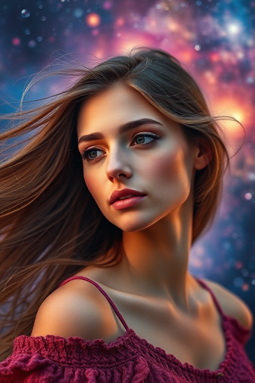 portrait of a woman with flowing hair against a cosmic background, vibrant colors and dreamy atmosphere, ISO 100, aperture f/2.8, shutter speed 1/125s, 50mm lens, soft focus, high dynamic range photography