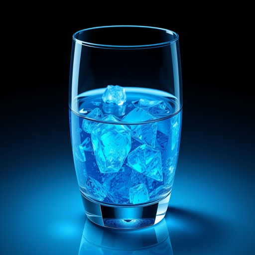 Create a highly detailed illustration of a glass filled with blue liquid, crystalline texture, soft lighting, 50mm lens, f/2.8 aperture, ISO 100, shot from a slight above angle, using a DSLR camera.