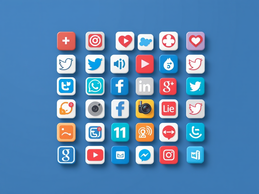 Create a high-resolution image featuring a grid of social media and communication icons in a flat design style with a clean background, using a DSLR camera with a 50mm lens at f/2.8, ISO 100, and 1/200 shutter speed.