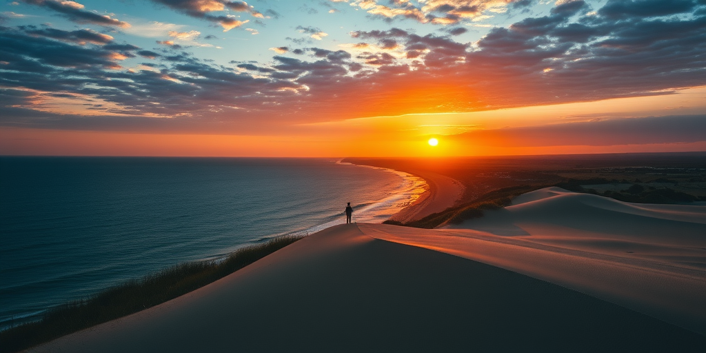 Capture a dramatic sunset scene over a coastline with a lone figure standing on a sand dune, using a Canon EOS R5, 24mm lens, f/8 aperture, 1/100s shutter speed, ISO 200, aerial view, high dynamic range photography.