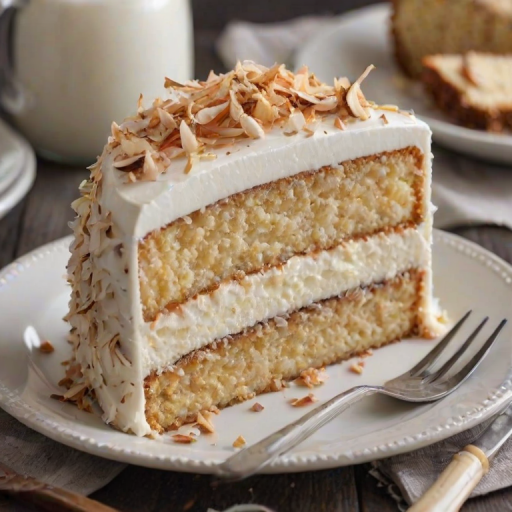Generate an image of a layered cake with a creamy frosting on top. The cake should have a slice cut out, revealing its moist texture and layers. The scene includes a white plate with the slice on it, alongside a fork. The background should be simple, allowing the cake to be the focal point. Add some decorative elements like toasted coconut flakes on the frosting.