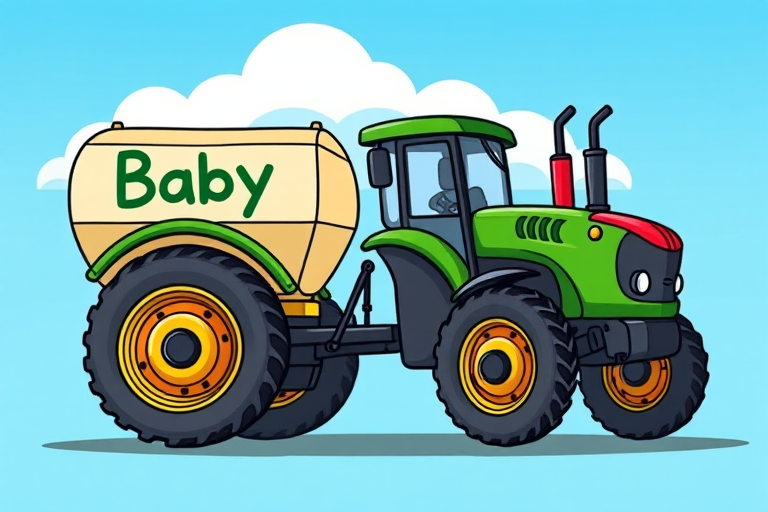 Create a colorful cartoon-style illustration of a tractor pulling a large container labeled Baby Food, use a bright and playful design, set in a clear blue sky background, with a focus on vibrant colors and smooth shapes, shot with a DSLR camera at f/4, 50mm lens, ISO 100, in natural lighting to enhance image quality.