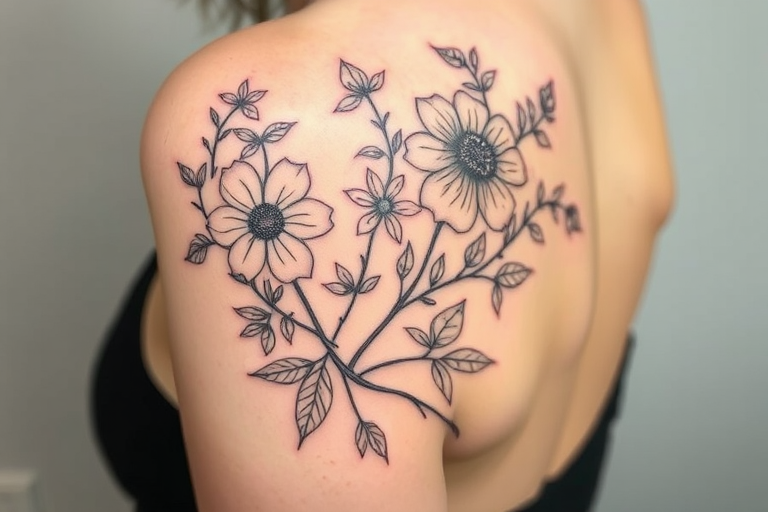 Fine line botanical tattoo called "Whispered Flora" featuring delicate, ultra-thin lines to create intricate renderings of flowers, leaves, and vines with exquisite detail