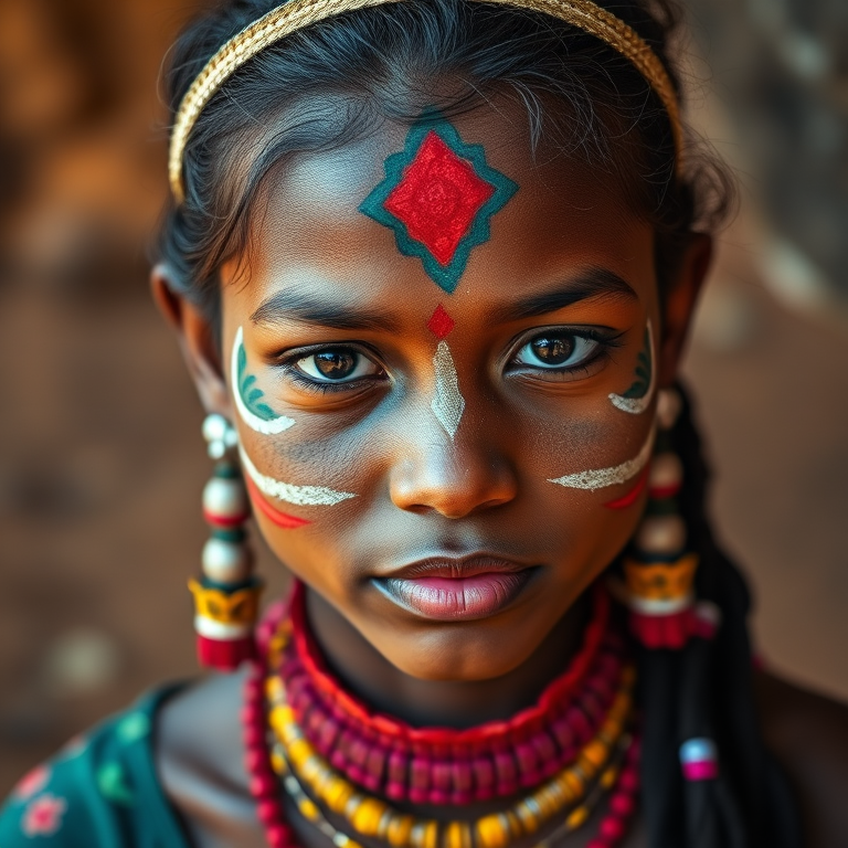 portrait of a young woman with intricate tribal face paint and traditional jewelry, captured in natural light with a shallow depth of field, using a 50mm lens at f/1.8, ISO 100, 1/200 sec, DSLR camera, vibrant colors and sharp details, slightly off-center composition with rich earthy background.