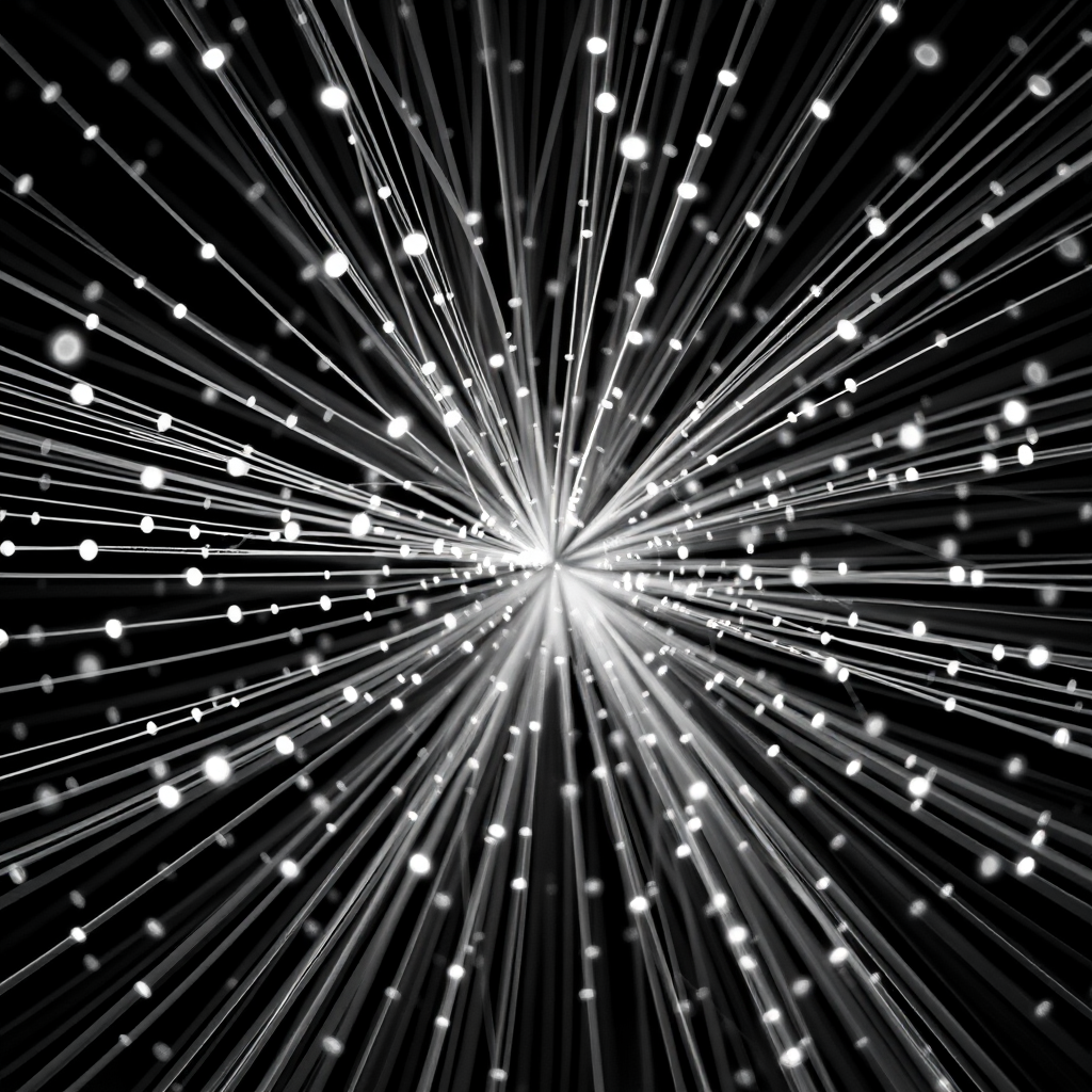 Create an abstract image of a black and white network of lines and dots dynamically radiating outward, captured with a Canon EOS R5 at f/2.8, ISO 100, 1/250s, overhead view, using macro lens to enhance detail and depth.