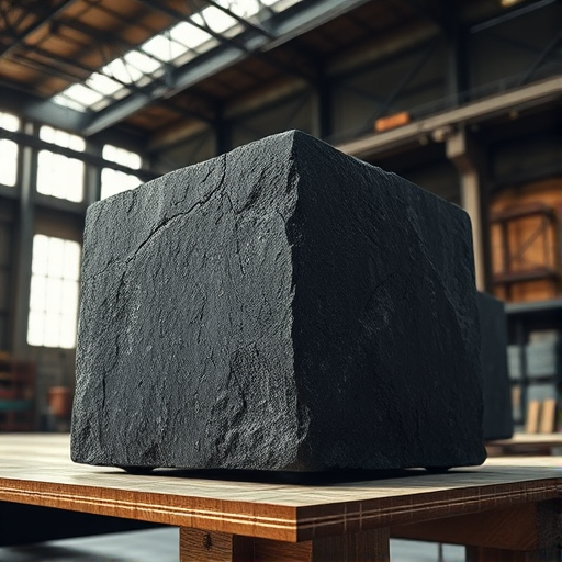 a large dark stone cube with rough edges resting on a wooden platform inside an industrial warehouse, soft dramatic lighting highlighting the texture of the stone, taken with a DSLR camera, aperture f/2.8, ISO 200, shutter speed 1/60 sec, 50mm lens, low angle view, shallow depth of field, hyper-realistic style