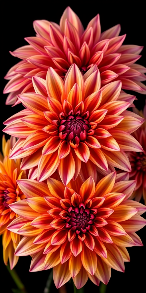 Create a high-resolution image of vibrant dahlias with intricate petals, set against a black background, captured with a Canon EOS R5, 100mm macro lens, f/2.8 aperture, 1/125 shutter speed, ISO 200, natural lighting for enhanced detail and contrast.
