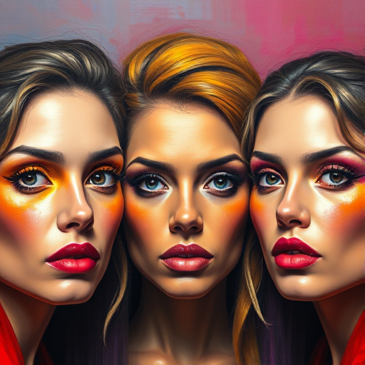 Create a vibrant oil painting featuring three women with expressive faces, using bold colors and strong brushstrokes, shot with a Canon EOS R5, 50mm lens, f/1.8, ISO 100, in a soft diffused light setting.