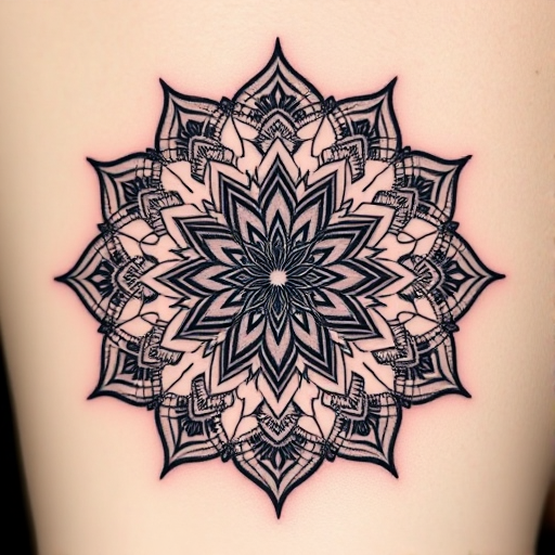 Dotwork mandala tattoo featuring intricate patterns and gradual shading, creating a three-dimensional illusion, incorporating sacred geometry, called "Dimensional Harmony"