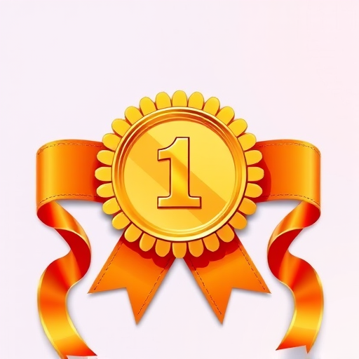 Create a vibrant illustration of a first place award ribbon with a gold medal in the center, using a high-resolution digital art style, with a focus on bright orange and gold colors, 50mm focal length, f/2.8 aperture, ISO 100, and soft lighting to enhance texture and detail.