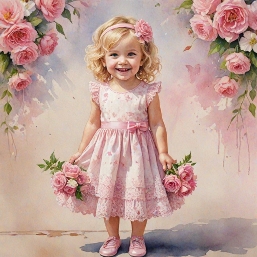hyperrealism happy smiling toddler girl with messy wavy blonde hair with a headband, she is wearing a pink and white lace dress with pink and white shoes, she is holding a pink bouquet of flowers. Pink flowers and butterflies. summer background. Watercolor Highly detailed