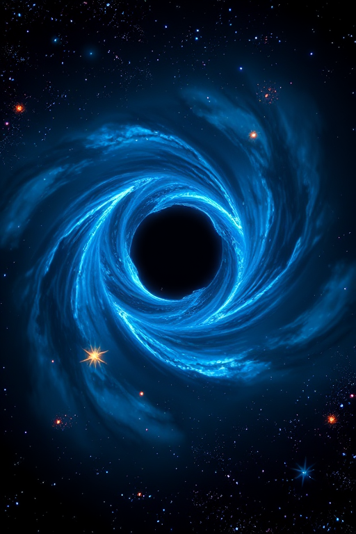 Create a high-resolution image of a swirling blue vortex resembling a black hole, with vibrant stars and cosmic elements surrounding it, shot with a Canon EOS R5 at f/8, ISO 100, and a 24mm lens, using a low-angle perspective for depth.