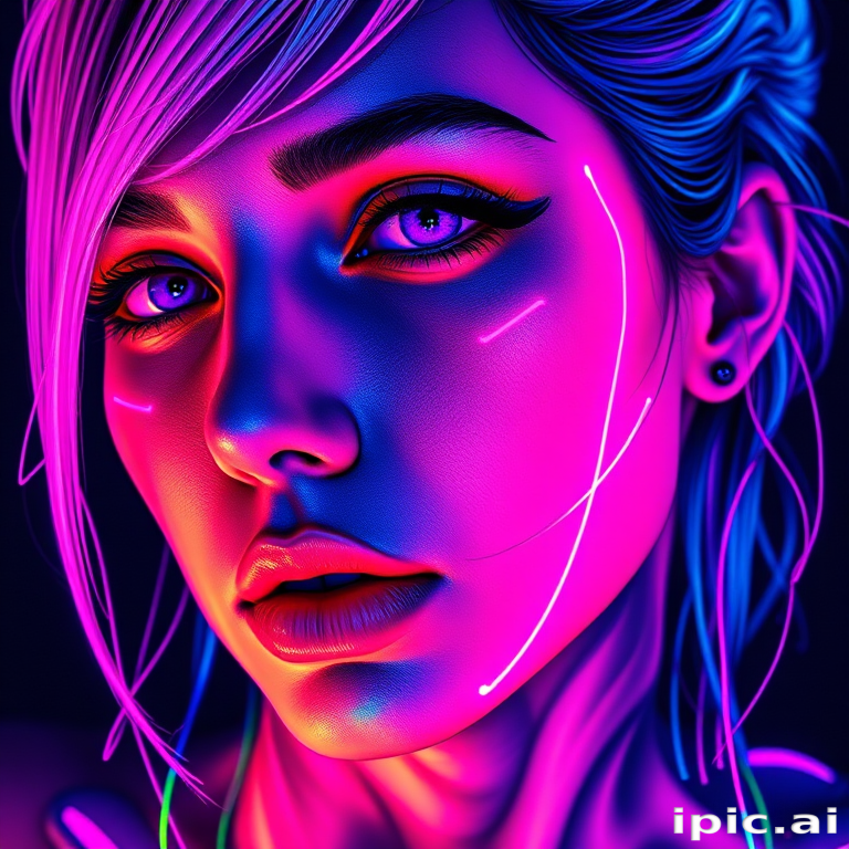 Vivid neon color realism tattoo named "Electric Dreams" depicting a hyper-realistic portrait infused with striking streaks of fluorescent pink blue and green creating a surreal cyberpunk aesthetic ultra-fine detail in the facial features contrasts with bold neon elements that seem to glow against the skin