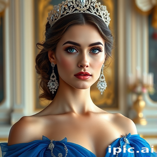 A gorgeous woman in a luxurious blue gown, accessorized with a dazzling tiara and statement earrings, her deep blue eyes highlighted by impeccable makeup, poised in a royal setting, photorealistic, 8K quality
