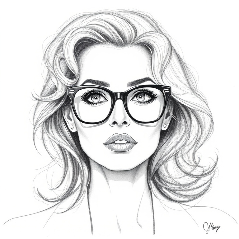 Beautiful Sophia Loren, pencil sketch, portrait of beautiful woman 60s in glasses, hair style beatnik, outline, clear lines, fine lines, 8k