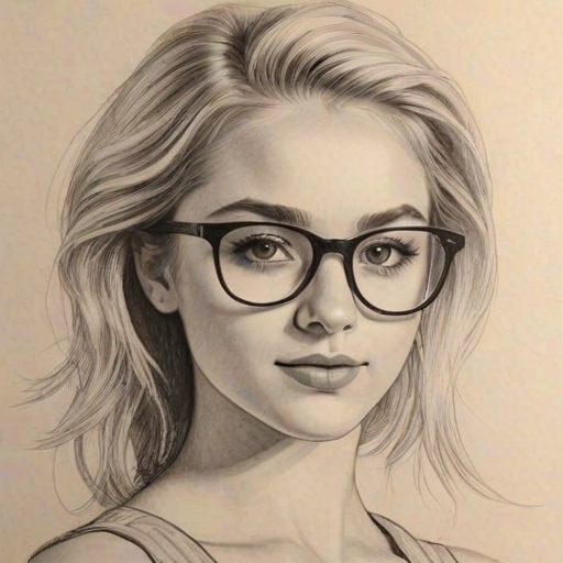 Comely Chloe Lukasiak, pencil sketch, portrait of Alluring woman 1977s in glasses, hair style beatnik, outline, clear lines, fine lines, 8k