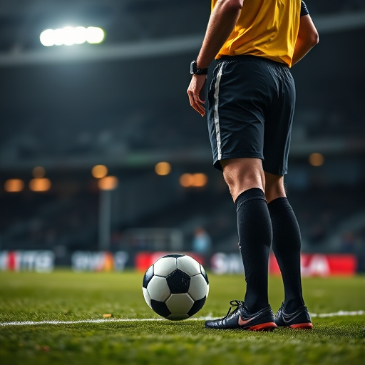 A sports referee standing on a soccer field with a ball, captured with a DSLR camera at f/4 aperture, ISO 200, 1/500s shutter speed, from a low angle to emphasize the action, with a focus on depth of field to highlight the referee and the ball while blurring the background.