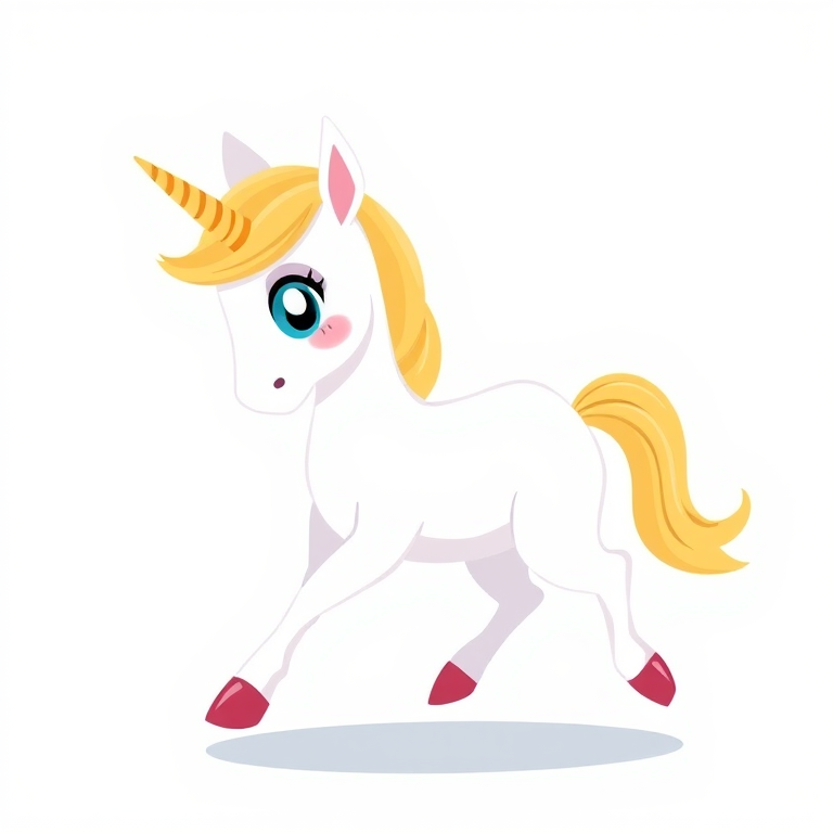 Generate a playful illustration of a unicorn with a white body, golden mane, and vibrant blue eyes, walking gracefully; use a DSLR camera with an aperture of f/2.8, a shutter speed of 1/250s, and a focal length of 50mm, in a soft pastel color palette and clean vector style.