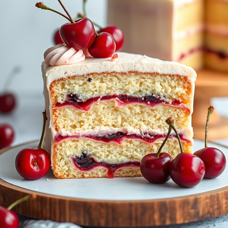 A close-up image of a sliced cake revealing layers of fluffy sponge cake with a rich cherry filling and smooth frosting on top garnished with fresh cherries placed on the side and a wooden cake stand in a softly lit background.