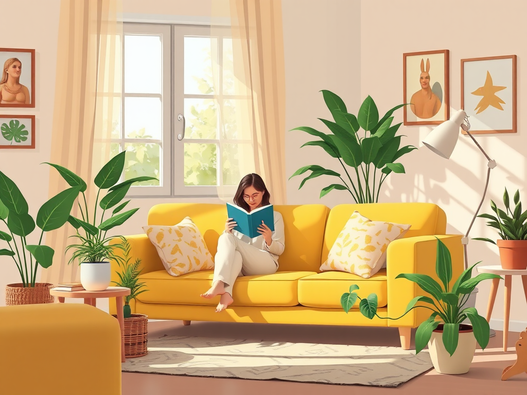 Create a cozy living room illustration featuring a woman reading on a yellow sofa with green plants around, soft natural lighting, shot with a Canon EOS R5 at f/4, ISO 100, 50mm lens, in a wide-angle perspective for enhanced image quality.