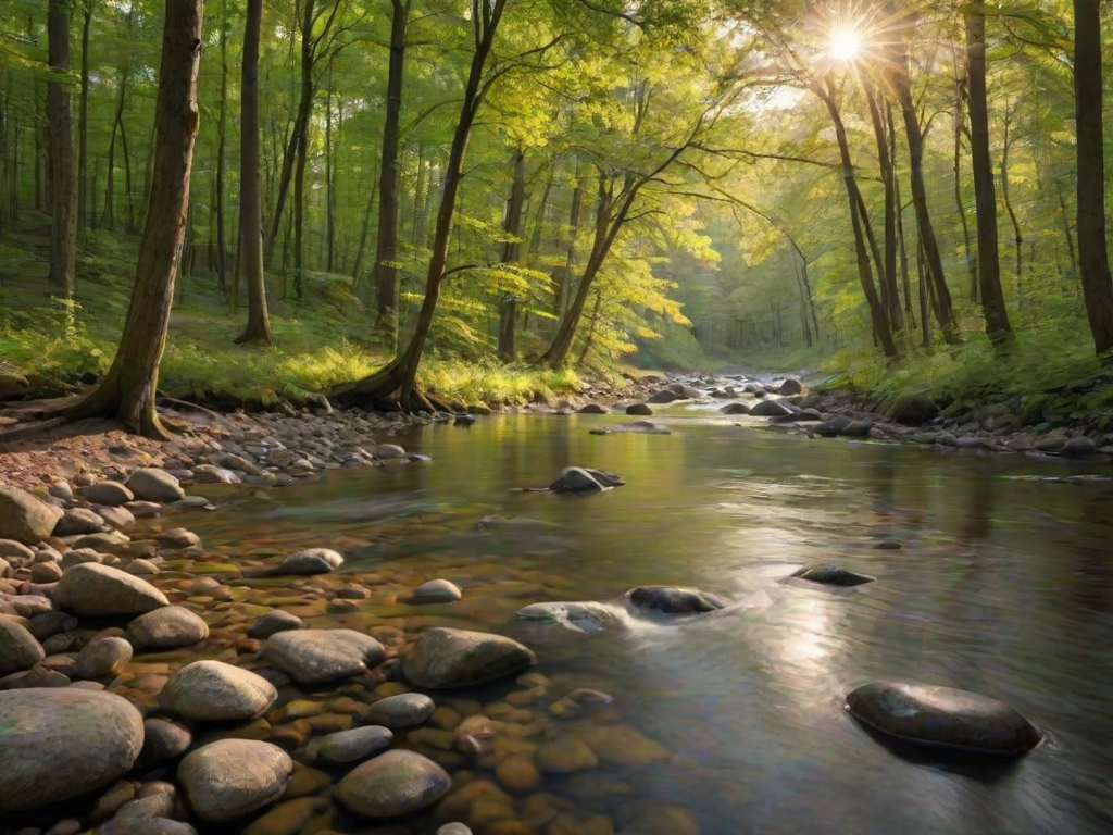 Create an image of a serene, sunlit forest scene with a clear, gently flowing river. Tall trees with lush green foliage line both sides of the river, their leaves bathed in the warm golden light of the setting or rising sun. The sunlight filters through the trees, casting soft, dappled light on the river, which flows over smooth rocks and pebbles, creating a peaceful, natural atmosphere. The sky is bright with a few scattered clouds, and the overall mood is tranquil, evoking a deep sense of connection with nature. The image captures the beauty of a calm, pristine forest landscape at either dawn or dusk.