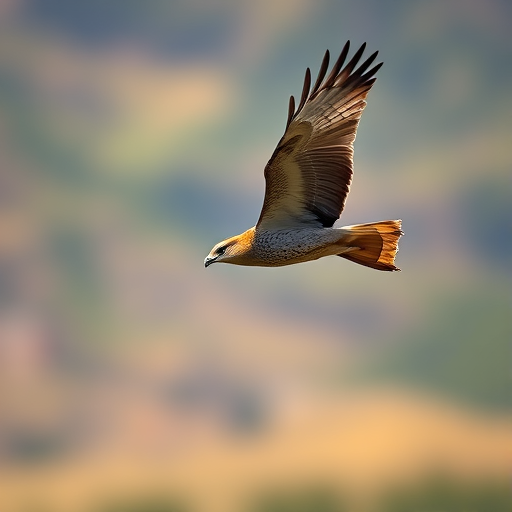 a soaring bird in mid-flight with detailed feather textures, captured with a DSLR camera at f/4 aperture, 1/1000s shutter speed, ISO 200, in a landscape orientation with a focus on the bird's wings and a blurred background to emphasize motion