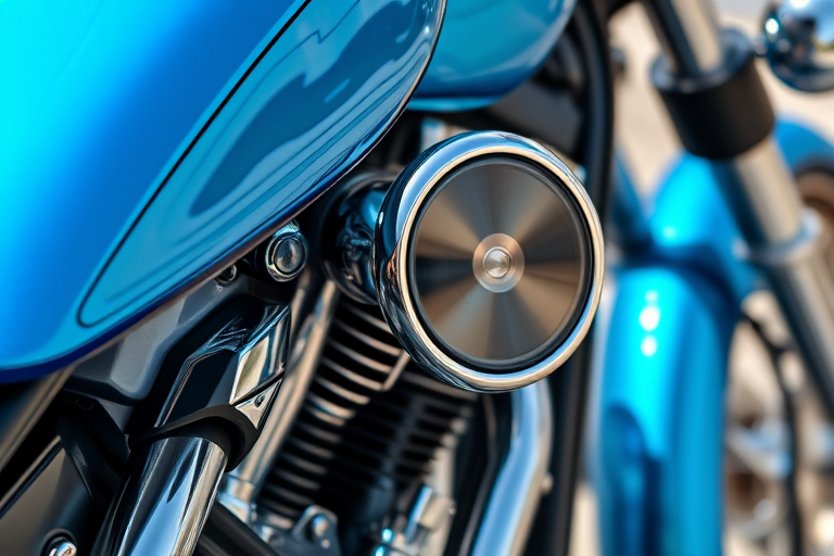 Create a highly detailed close-up photograph of a custom blue motorcycle showcasing its chrome features, shot with a DSLR camera at 50mm, f/2.8 aperture, 1/125 sec shutter speed, natural lighting, and a shallow depth of field.
