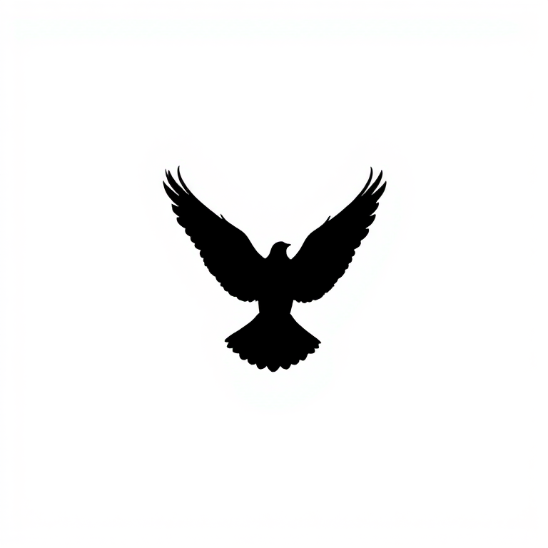 Create a high-resolution image of a minimalistic black silhouette of a bird in flight against a white background, using a DSLR camera with a 50mm lens, aperture set to f/1.8, ISO 100, and a shutter speed of 1/500s, top-down view, with soft diffused lighting to enhance clarity and contrast.