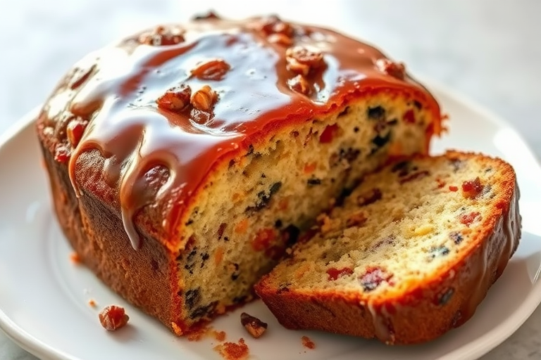 Deliciously Moist Fruit Cake Topped with Rich Caramel and Nuts Delight.