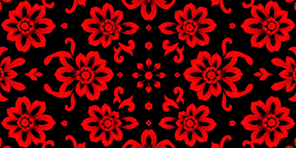 Generate a vibrant pattern of intricate red floral designs against a black background, using a macro lens with an aperture of f/2.8, shutter speed of 1/125s, ISO 100, shot from a symmetrical top-down view to enhance depth and detail, in high-resolution digital format.