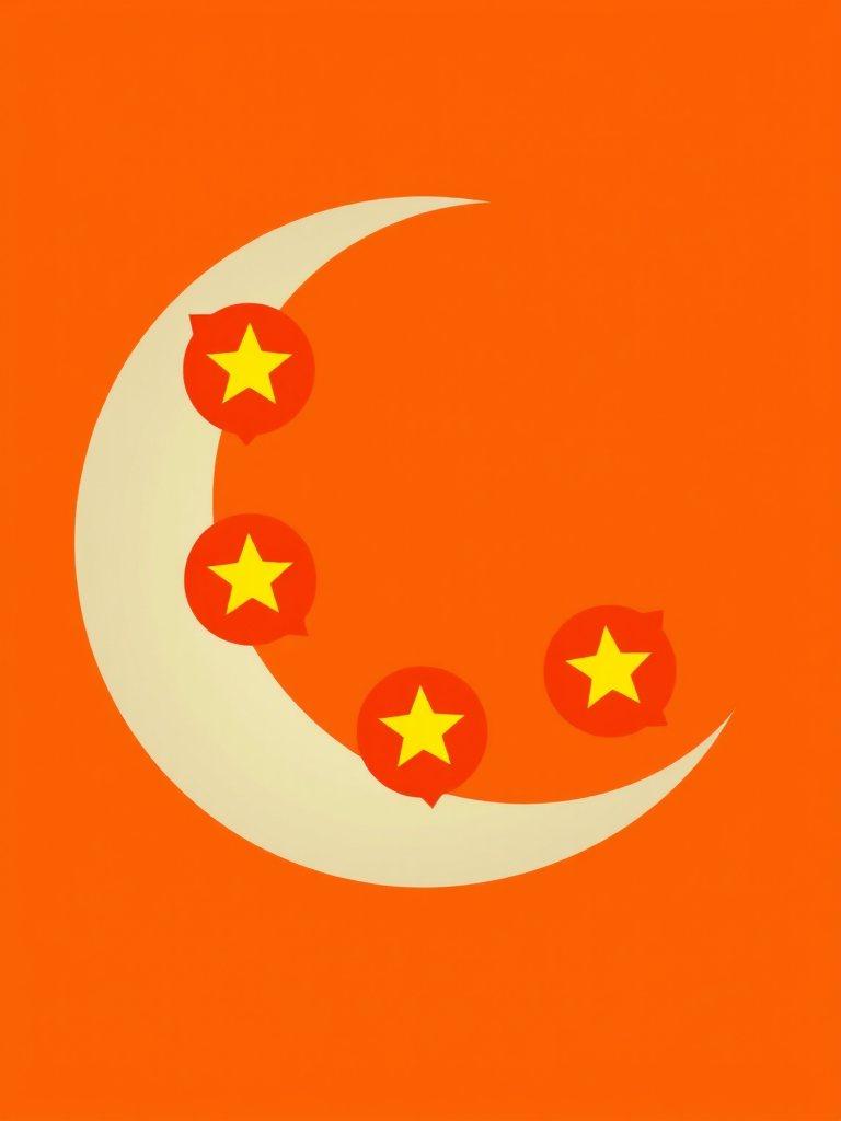 Create an image of a stylized crescent moon with five orange orbs, each containing a yellow star, set against a bright orange background; use a DSLR camera with a 50mm lens, aperture set to f/1.8, ISO 100, and a focus mode of single autofocus for enhanced clarity and vibrancy.