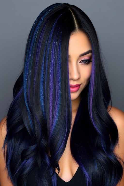 Striking Midnight Galaxy locks incorporating deep blue, purple, and black tones with holographic glitter accents, styled in long, sleek straight strands with a center part