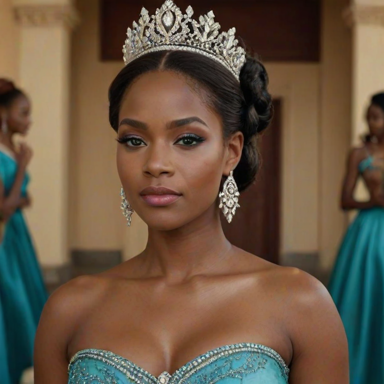 A gorgeous Garifuna woman in a luxurious cyan gown, accessorized with a dazzling tiara and statement earrings, her deep green eyes highlighted by impeccable makeup, poised in a royal setting, photorealistic, 8K quality