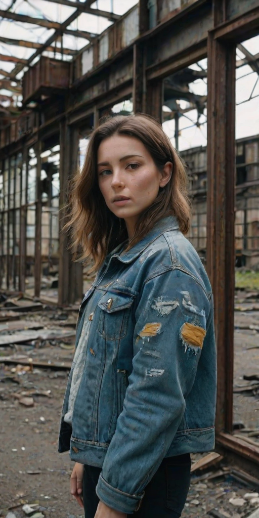 Abandoned factory, with broken windows and rusted metal beams, a woman in a denim jacket explores cautiously, her camera slung over her shoulder as she captures the decaying beauty of the space.