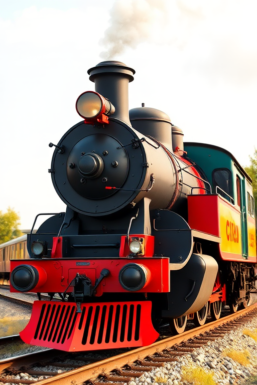 Create a high-resolution vector illustration of a classic steam locomotive in bright colors with intricate details, shot with a DSLR camera at f/8 aperture, ISO 100, 50mm lens, in a staged outdoor environment with soft natural lighting.