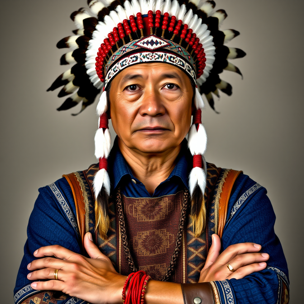 Create a dignified portrait of a Native American man dressed in traditional attire. He wears a beautifully crafted headdress adorned with white feathers and red beads, along with a beaded headband featuring intricate patterns. His clothing includes a deep blue, patterned shirt and a traditional chest piece with detailed beadwork. His arms are crossed, displaying leather armbands decorated with feathers. The background is simple and neutral, emphasizing his proud and stoic expression. The overall image captures the rich cultural heritage and strength of his persona.