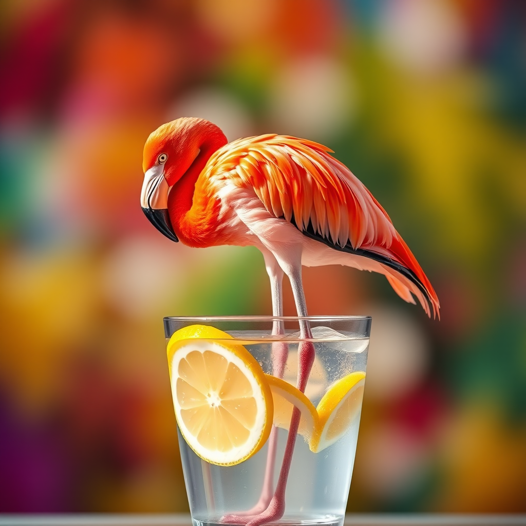 A colorful flamingo standing in a glass filled with water and lemon slices, vibrant background with bokeh effect, bright lighting, shot with a DSLR camera, 50mm lens, f/1.8 aperture, ISO 100, 1/200 sec shutter speed.