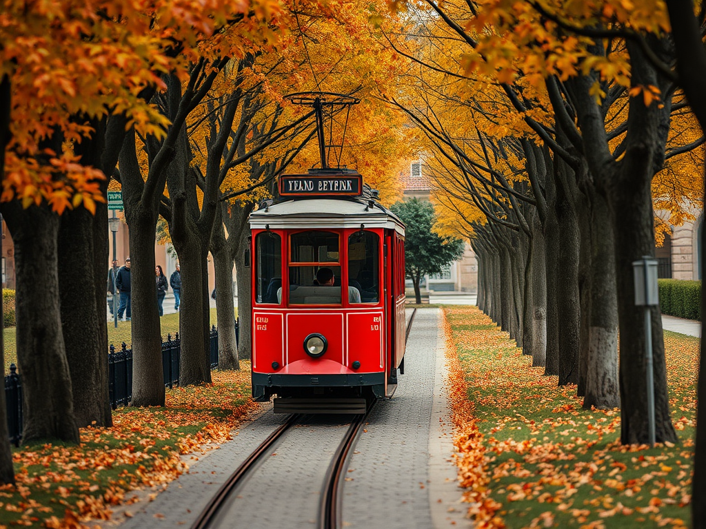 A vintage red tram traveling down a tree-lined path in autumn, with vibrant orange and yellow leaves, narrow cobblestone track, shot with a Canon EOS R5, 50mm lens, f/1.8 aperture, ISO 100, soft focus background for depth.