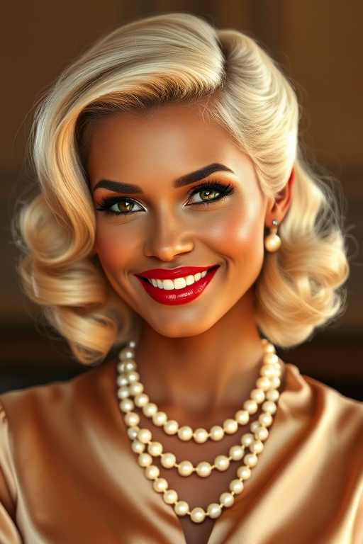 A beautiful Zulu woman reminiscent of 1950s Hollywood glamour, with perfectly styled blonde hair and a seductive smile, dressed in a satin blouse and adorned with pearls, soft and warm tones, photorealistic, 8K
