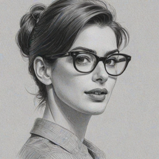 Graceful Anne Hathaway, pencil sketch, portrait of Appealing woman 1959s in glasses, hair style beatnik, outline, clear lines, fine lines, 8k