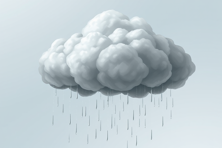 Create a high-resolution illustration of a gray cloud with rain droplets falling, using a DSLR camera with an aperture of f/4, ISO 100, and a focal length of 50mm, shot from a straight-on perspective with a vibrant, clear background to enhance details and colors.