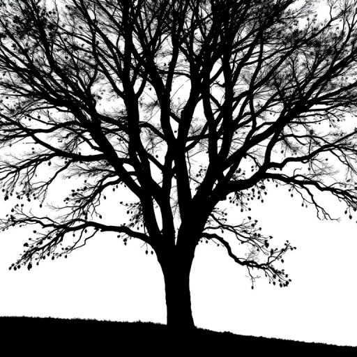 Create a high-resolution silhouette of a tree against a white background using a DSLR camera, 50mm lens, f/8 aperture, ISO 200, and a soft focus effect for enhanced depth.